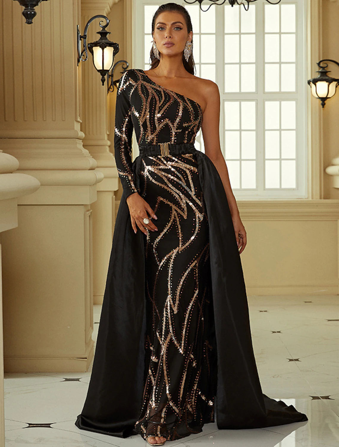 Women's Elegant Evening Outfit Mermaid / Trumpet Evening Gown Vintage Dress Formal Wedding Guest Court Train Long Sleeve One Shoulder Polyester with SequinMermaid / Trumpet Evening Gown Vintage Dress Formal Wedding Guest Court Train Long Sleeve One Shoulder Polyester with Sequin