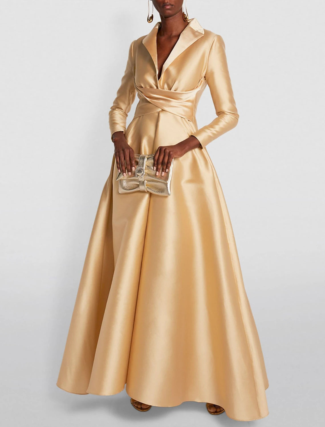 Women's Vacation Outfit A-Line Evening Gown Wedding Guest Floor Length Long Sleeve Shirt Collar Satin with Ruched