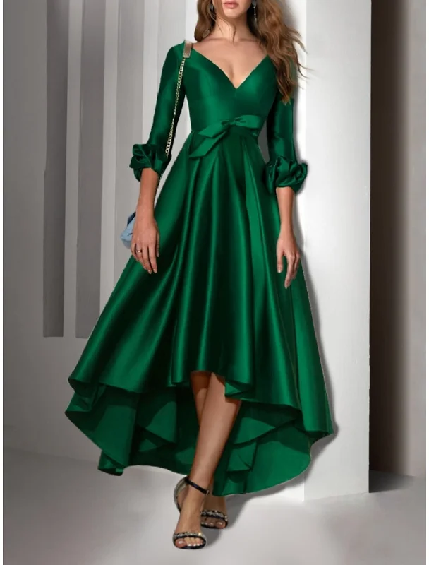 Women's Relaxed Clothes A-Line Cocktail Dresses Elegant Dress Wedding Guest Birthday Asymmetrical 3/4 Length Sleeve V Neck Satin with Bow(s) Pleats