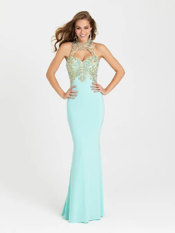 Women's Evening Clothes Madison James 16-396 Embroidered High Halter Neck Fitted Evening Gown 1Pc. Aqua in size 8 Available