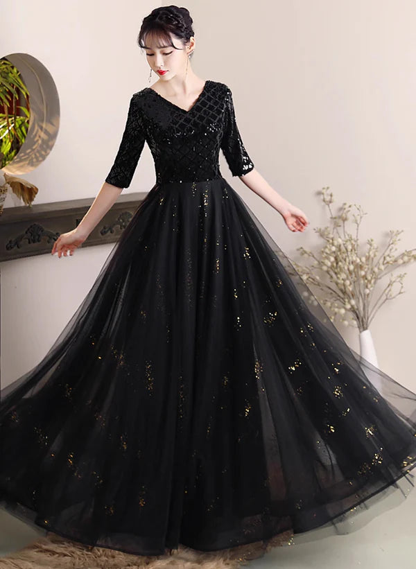 Stylish Women's Apparel Black A-line V-Neck Sequins and Tulle Long Formal Dress Wedding Party Dress