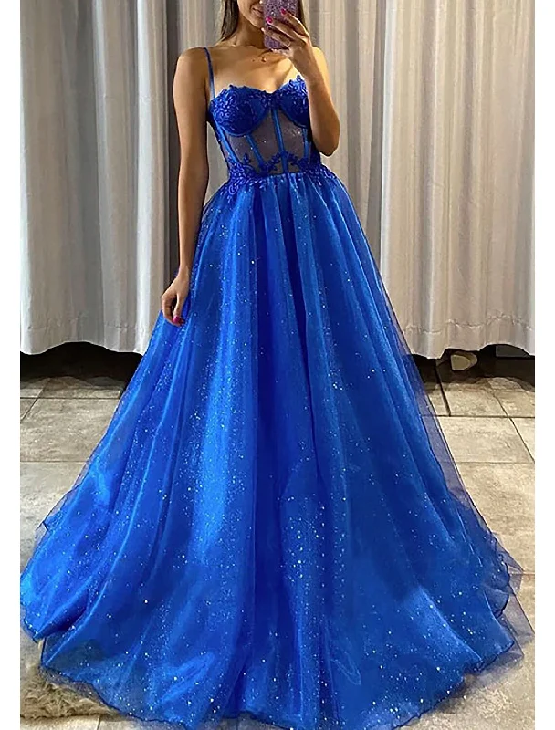 Women's Outdoor Attire A-Line Prom Dresses Glittering Dress Formal Wedding Party Floor Length Sleeveless Spaghetti Strap Tulle Backless with Pleats Appliques