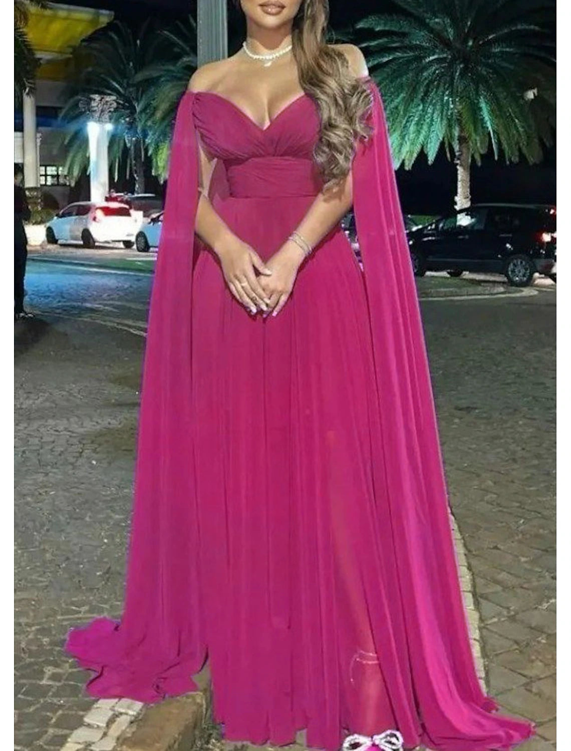 Vintage-Inspired Women's Apparel A-Line Evening Gown Elegant Dress Formal Wedding Party Sweep / Brush Train Sleeveless Off Shoulder Capes Chiffon with Pleats