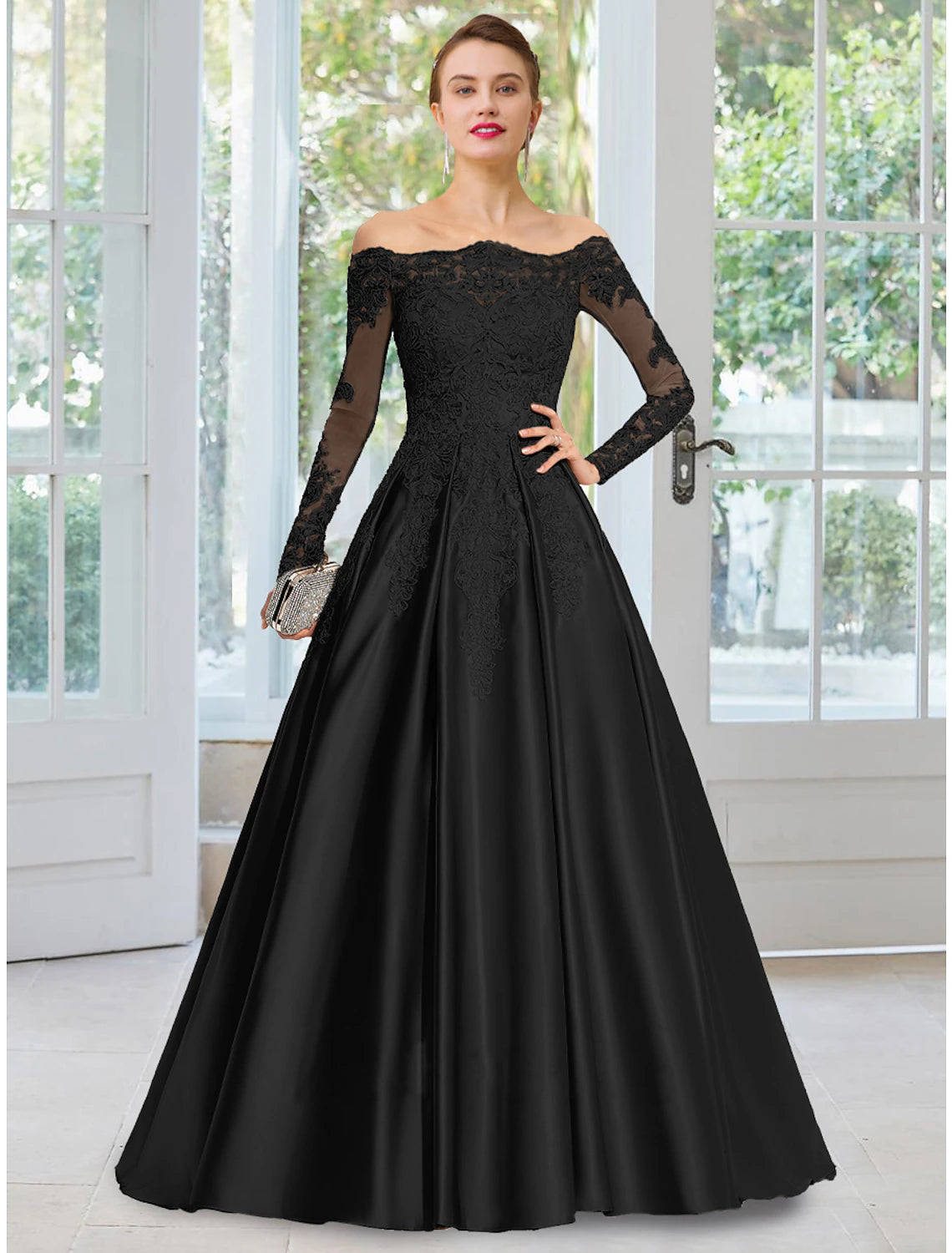 Stylish Women's Clothing A-Line Evening Gown Floral Dress Formal Black Tie Court Train Long Sleeve Off Shoulder Lace with Appliques