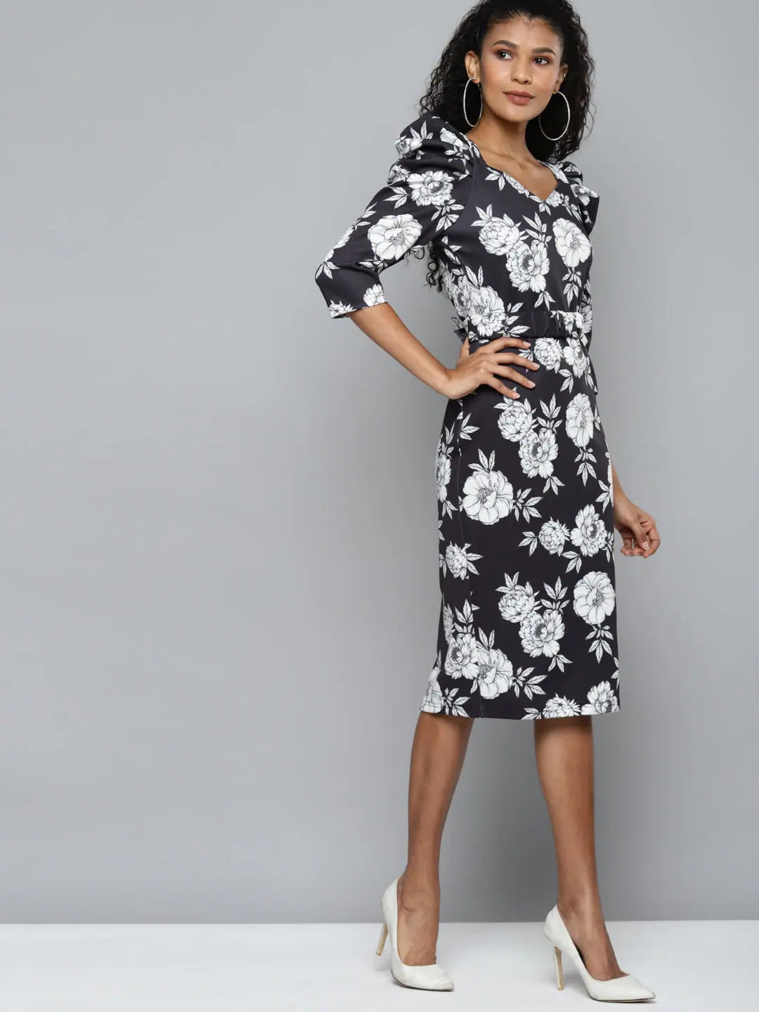 Women's Professional Attire Black Floral Scuba Power Shoulder Midi Dress