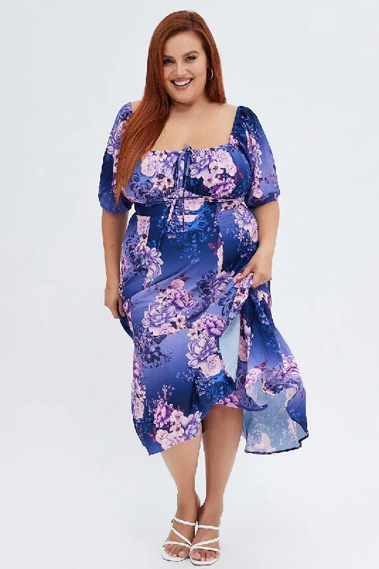 Women's Holiday Clothing Purple Floral Midi Dress Short Sleeve Ruffle