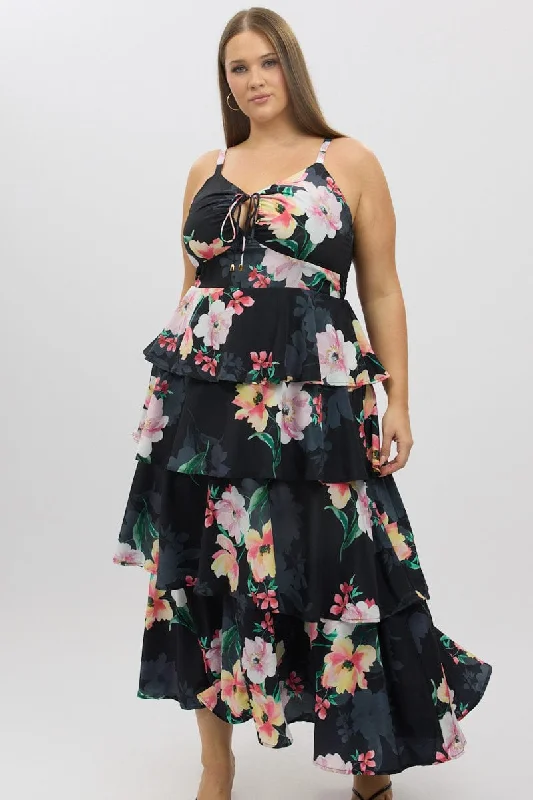 Affordable Women's Apparel Black Floral Maxi Dress Sleeveless Ruched Bust Tiered