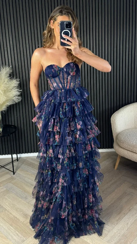 Women's Chic Outerwear Attire Talia Navy Floral Print Tiered Tulle Midi Dress