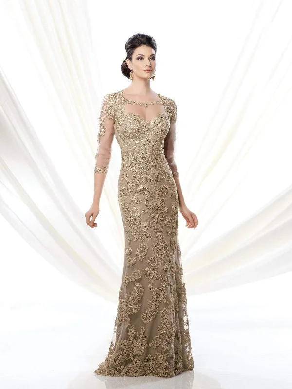 Fashion-Forward Women's Clothing Mon Cheri - 214D61 Quarter Sleeve Lace Illusion Evening Gown