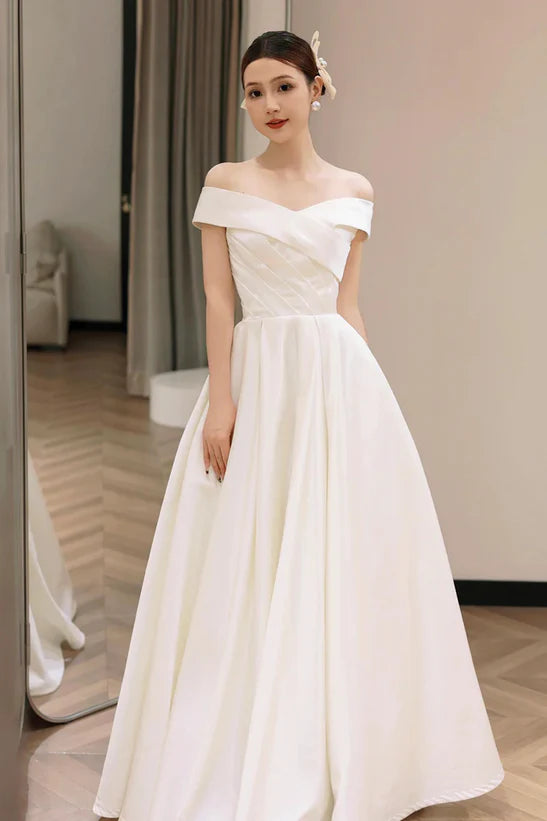 Women's Formal Apparel A-Line Princess White Off Shoulder Simple Satin Wedding Party Dress Prom Dress