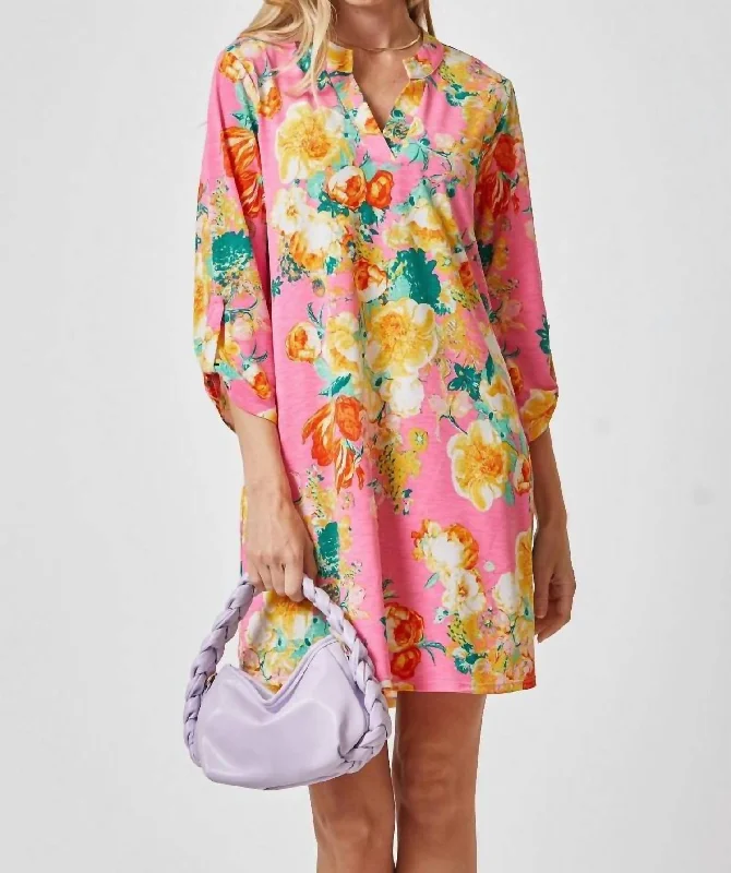 Women's Comfortable Lounge Attire Lizzy Dress - Plus In Pink And Orange Floral