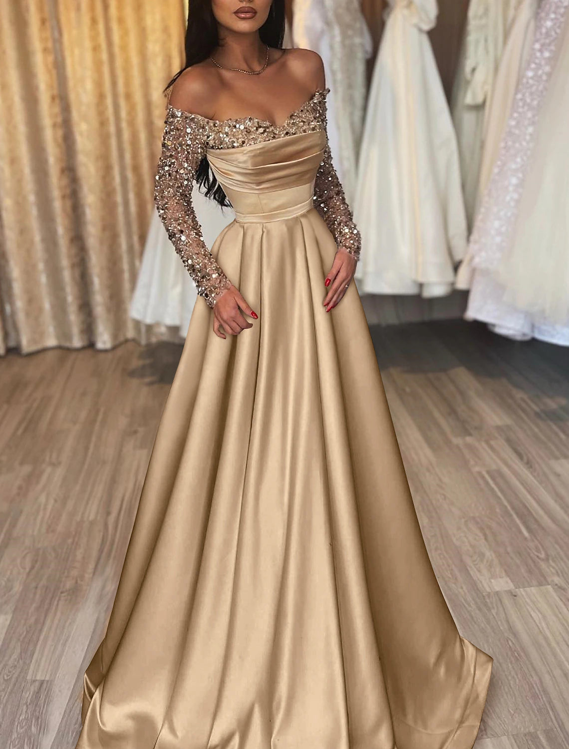 Affordable Luxury Women's Garments Ball Gown Party Dress Evening Gown Party Dress Hot Dress Engagement Wedding Reception Sweep / Brush Train 3/4 Length Sleeve Off Shoulder Satin with Sequin