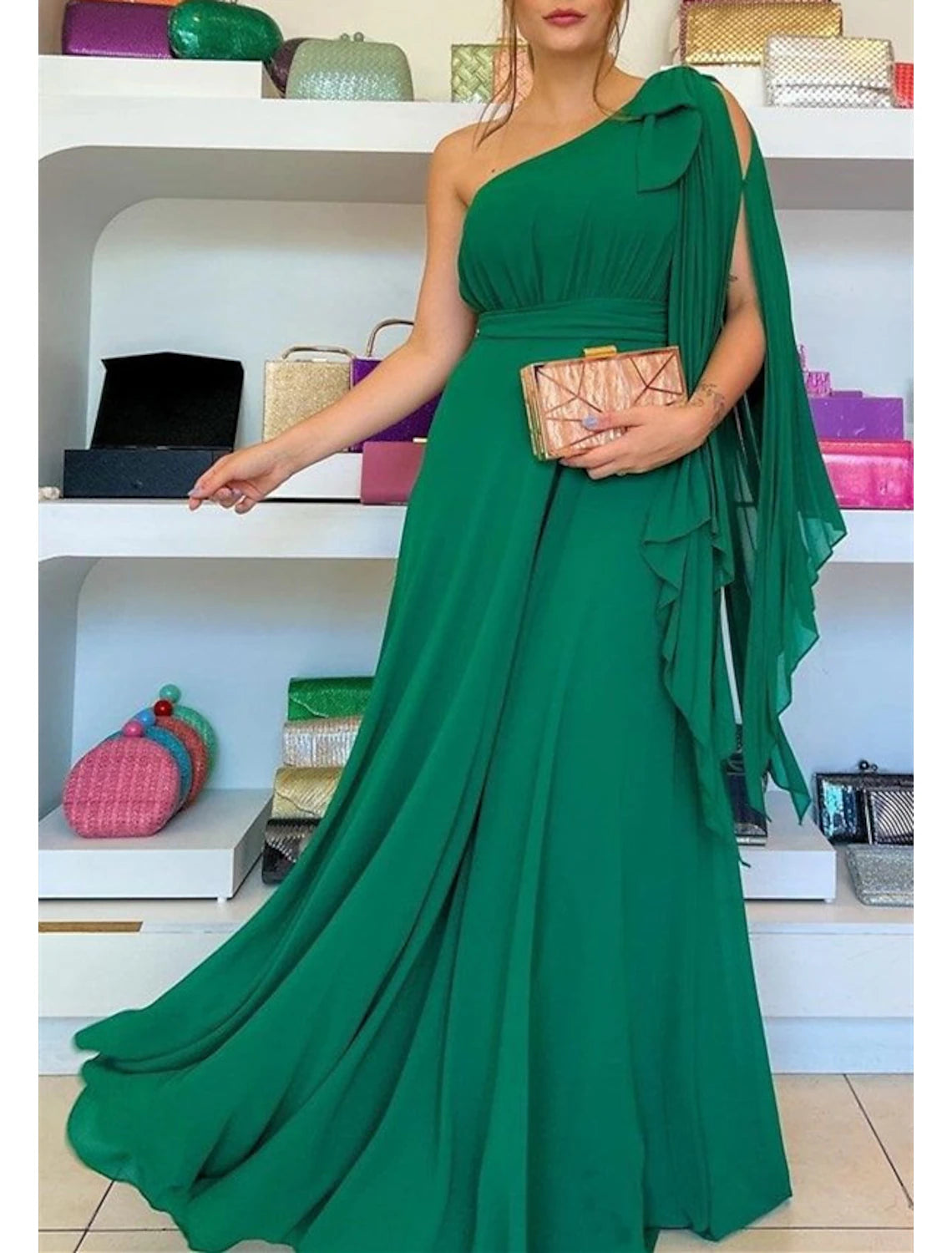 Women's Wardrobe Apparel A-Line Evening Gown Party Dress Elegant Dress Formal Wedding Guest Sweep / Brush Train Sleeveless One Shoulder Capes Chiffon with Ruffles