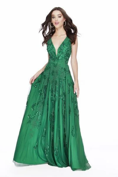 Women's Fashionable Attire For Work Shail K - Sequin Embellished Plunging Back Long Gown 12227 - 1 pc Emerald In Size 10 Available