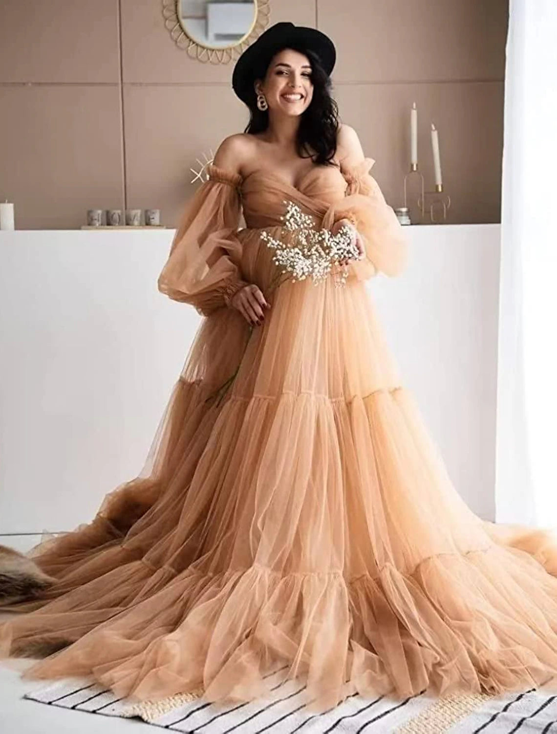 Women's Evening Clothing Ball Gown Prom Dresses Maternity Dress Formal Wedding Sweep / Brush Train Long Sleeve Sweetheart Tulle with Pleats Ruffles