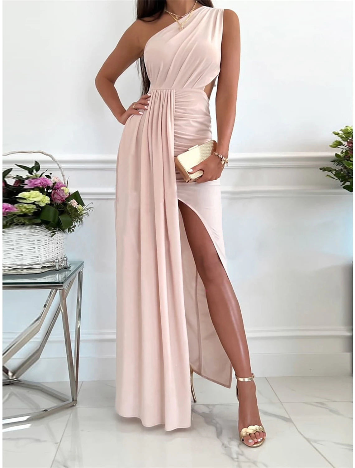 Women's Holiday Attire Women‘s Prom Dress Wedding Guest Party Dress Homecoming Dress Formal Dress Long Dress Maxi Dress Pink Red Green Sleeveless Pure Color Backless Summer Spring Fall One Shoulder Party Evening