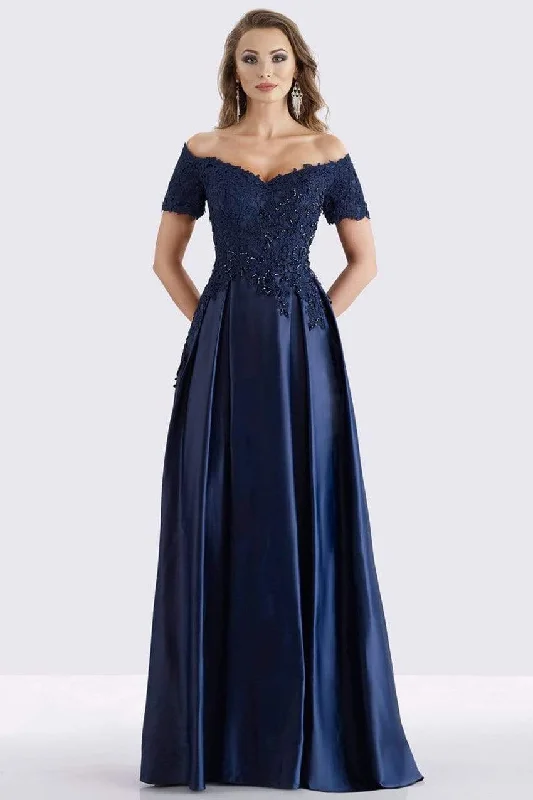 Women's Clothing For Outdoor Events Feriani Couture - Beaded Off Shoulder Pleated Evening Gown 18657 - 1 pc Navy in Sizes 6 Available