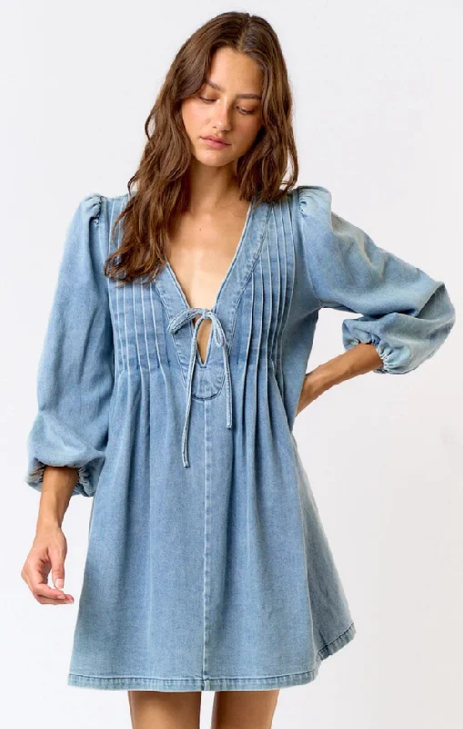 Women's Comfy Loungewear Outfit Long Sleeve Tie Front Denim Mini Dress