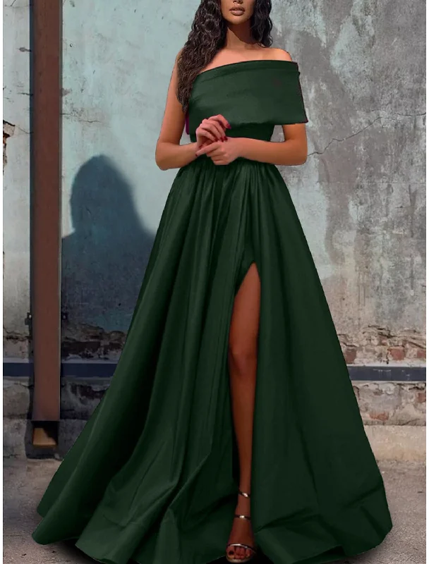 Women's Evening Apparel A-Line Prom Dresses Sexy Dress Party Wear Wedding Party Floor Length Short Sleeve One Shoulder Satin with Pleats Slit