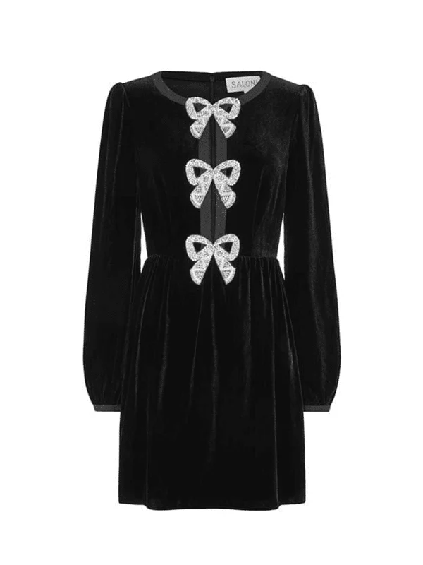 Formal Outfit For Women Camille Velvet Embellished Bows Mini Dress in Black