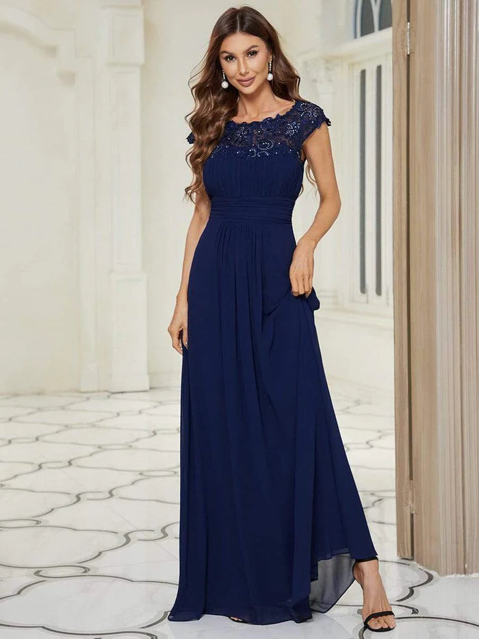 Women's Active Garments For Workouts Flattering A-Line Chiffon Lace Evening Dress for Wedding with Cap Sleeve