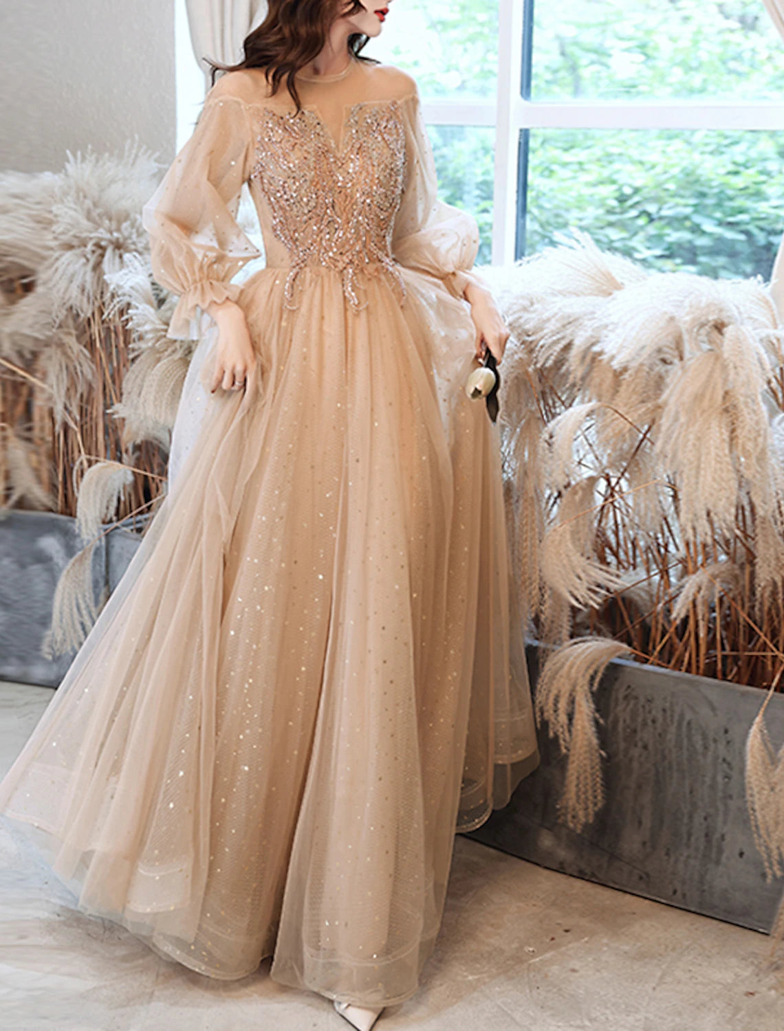 Women's Elegant Outfit A-Line Prom Dresses Sparkle & Shine Dress Wedding Guest Prom Floor Length Long Sleeve Jewel Neck Lace with Rhinestone Appliques