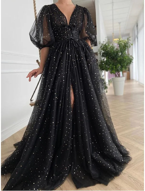 Women's High-Fashion Garments A-Line Prom Dresses Glittering Dress Wedding Guest Prom Court Train Half Sleeve V Neck Wednesday Addams Family Tulle V Back with Bow(s) Sequin Slit