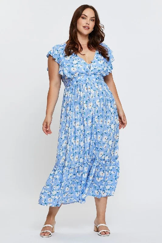 Comfortable Outfit For Women Floral Print Maxi Dress V-neck Short Sleeve