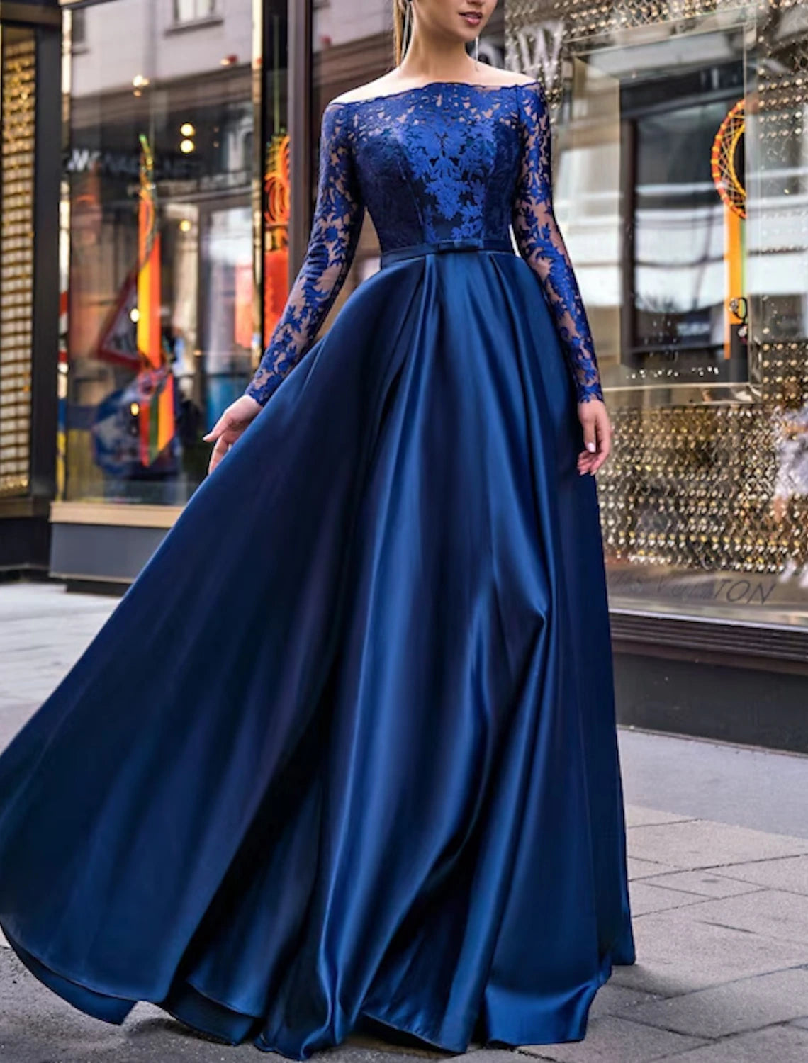 Women's Layered Outfit A-Line Evening Gown Wedding Guest Floor Length Long Sleeve Off Shoulder Belt / Sash Satin with Appliques