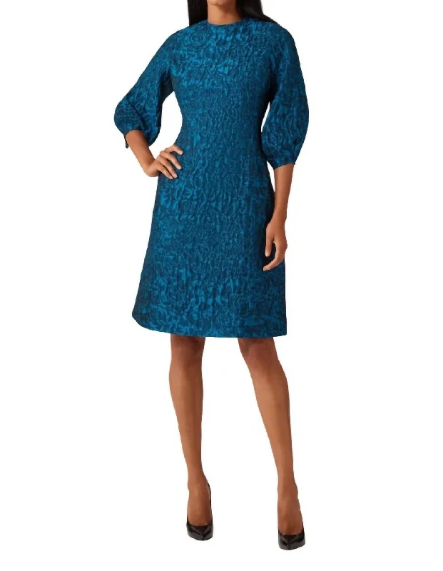 Women's Formal Event Outfit Textured Floral Jacquard Balloon Sleeve Dress In Teal