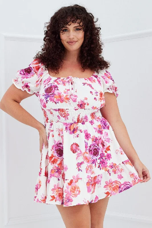 Timeless Women's Clothing Pink Floral Fit And Flare Dress Short Sleeve Shirred Waist