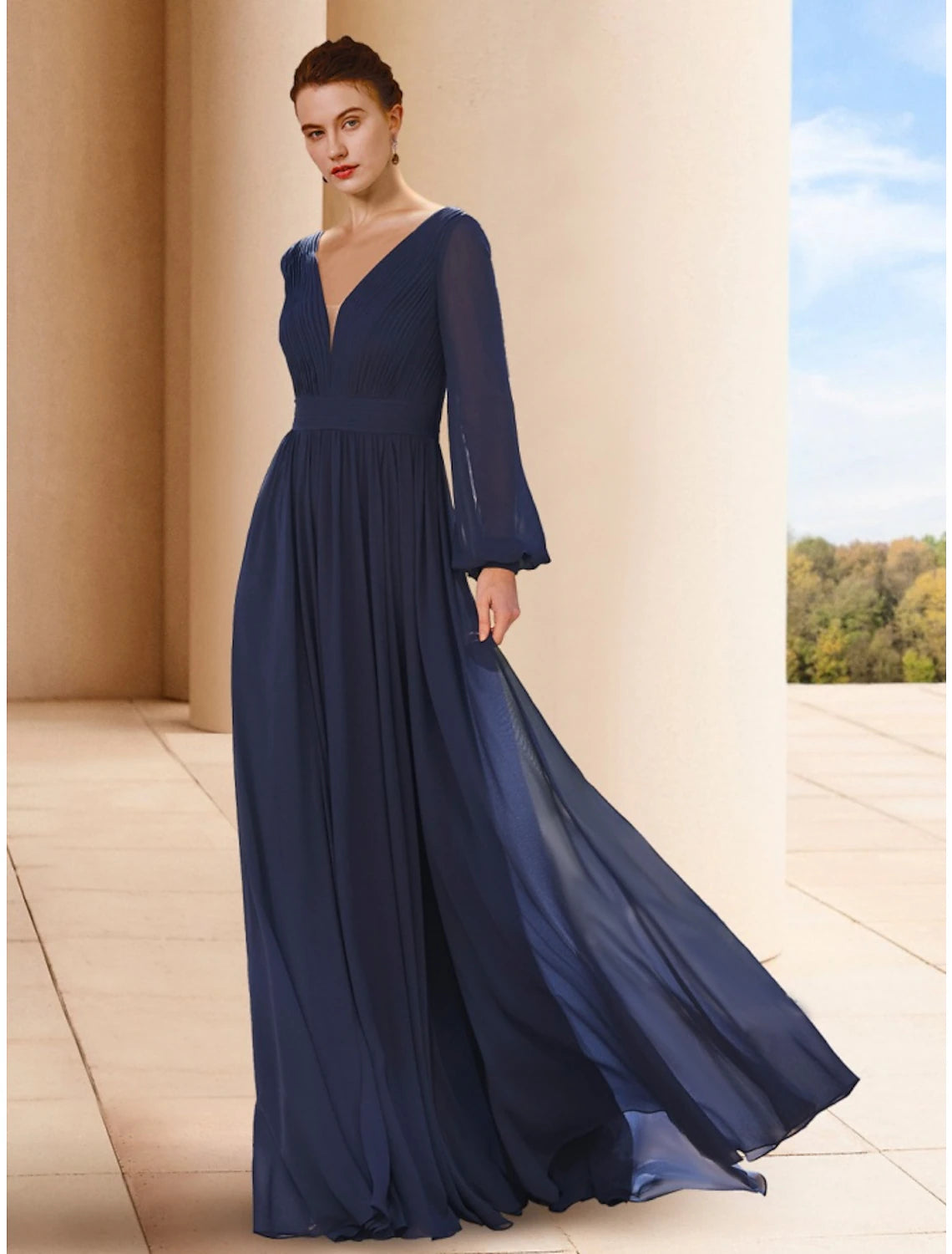 Women's Urban Clothing A-Line Mother of the Bride Dress Wedding Guest Elegant V Neck Floor Length Chiffon Long Sleeve with Ruching Solid Color