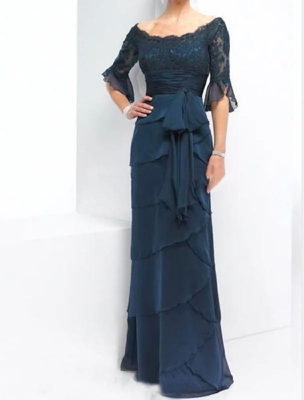 Women's Elegant Evening Attire A-Line Mother of the Bride Dress Wedding Guest Elegant & Luxurious Off Shoulder Floor Length Chiffon Lace Half Sleeve with Sash / Ribbon Bow(s) Appliques Fall