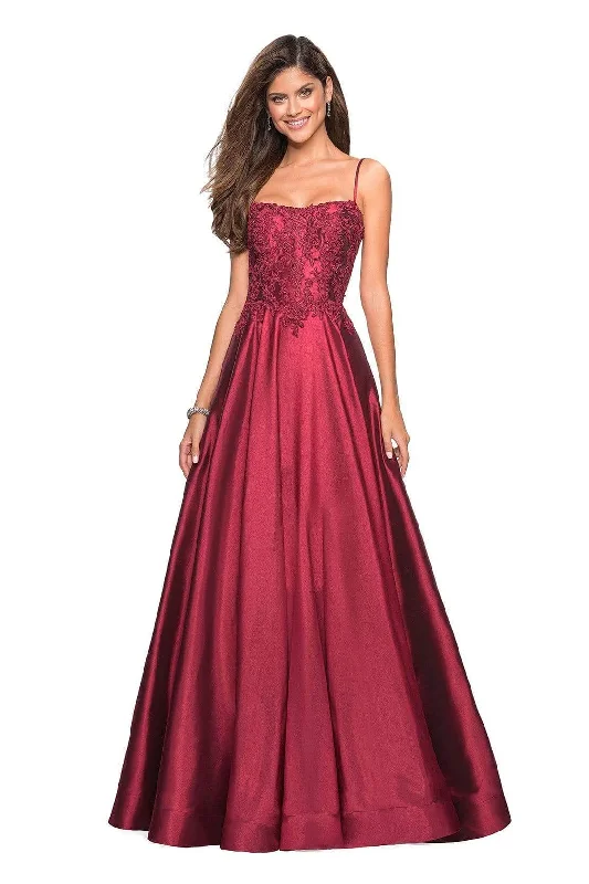 Women's Outfit For The Office La Femme - Lace Applique Spaghetti Strap Mikado Gown 27222SC - 1 pc Burgundy In Size 10 Available