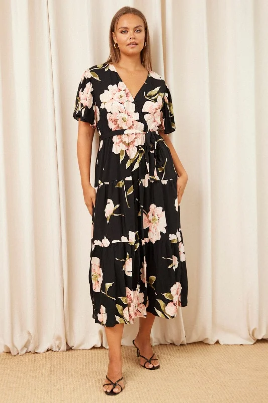 Modern Women's Apparel Black Floral Maxi Dress Short Sleeve Wrap Front Tiered