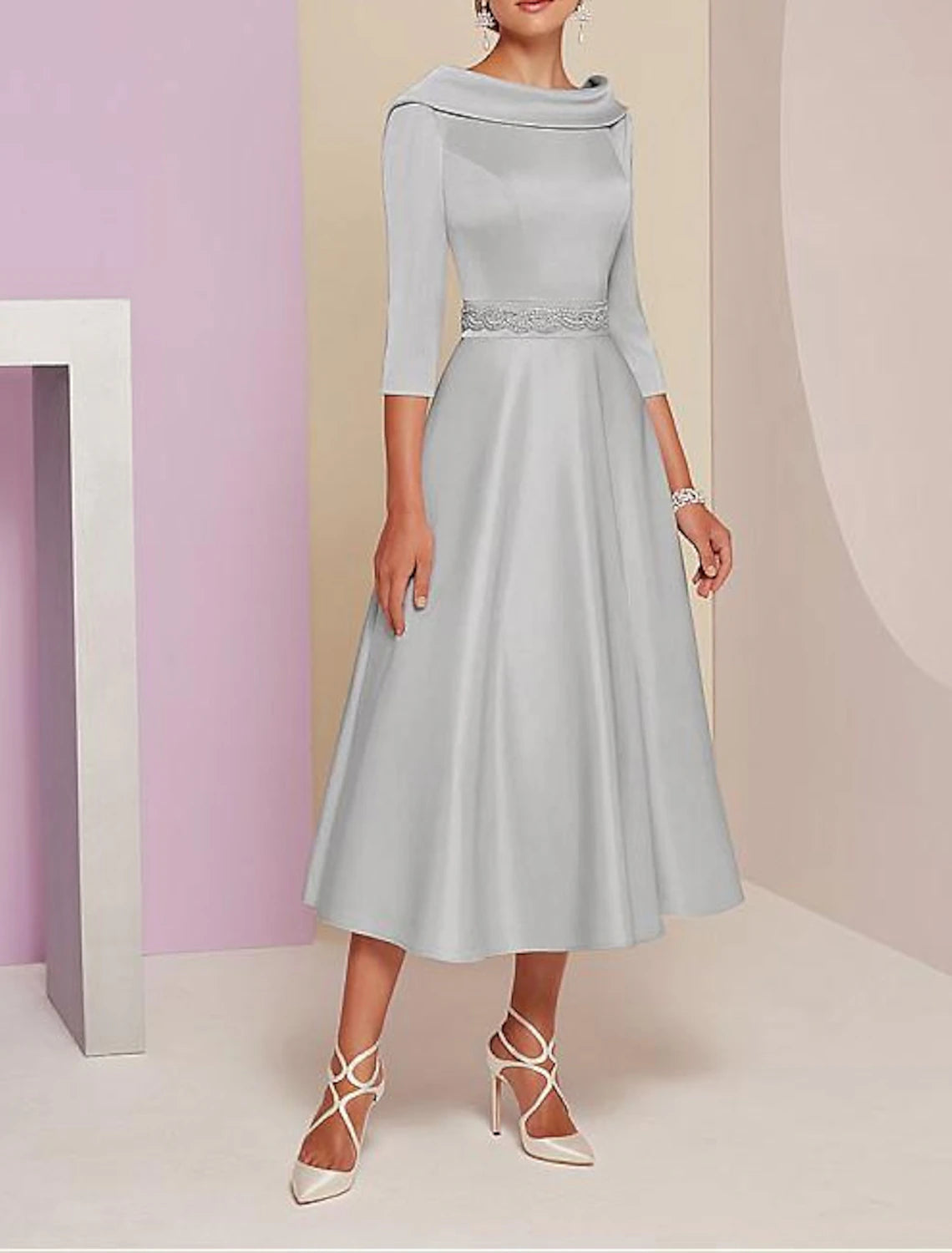 Women's Transitional Outfit A-Line Mother of the Bride Dress Wedding Guest Tea Length Satin 3/4 Length Sleeve with Beading