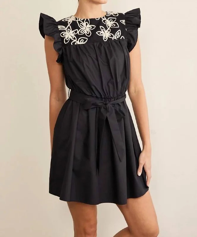 Charming Women's Holiday Apparel Floral Emboidery Contrast Belted Dress In Black