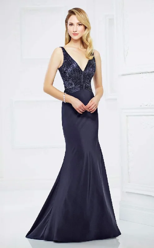 Women's Vacation Attire Mon Cheri 217933 V-Neck Metallic Embellished Evening Gown