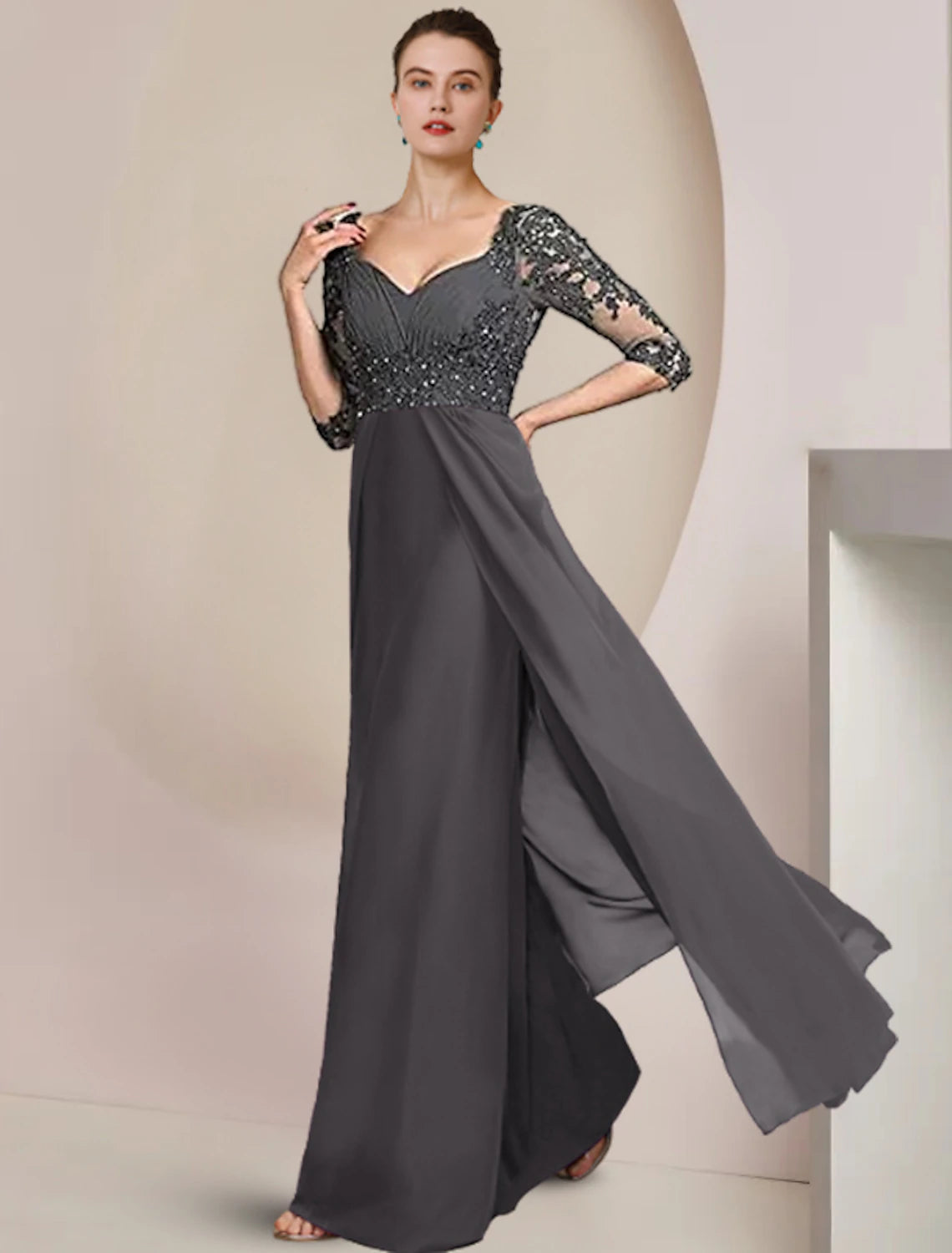 Women's Outfit Sheath / Column Mother of the Bride Dress Formal Wedding Guest Elegant Square Neck Floor Length Chiffon Lace Sequin Appliques Ruching