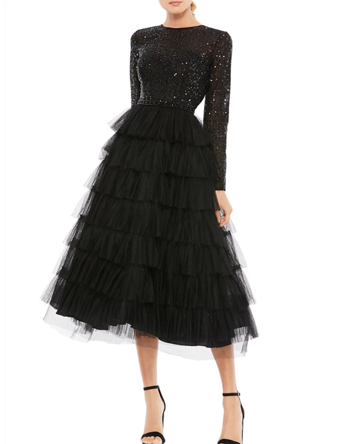 Women's Stylish Outdoor Outfit A-Line Cocktail Dresses Elegant Dress Wedding Guest Party Wear Tea Length Long Sleeve Jewel Neck Fall Wedding Guest Tulle with Sequin Tiered