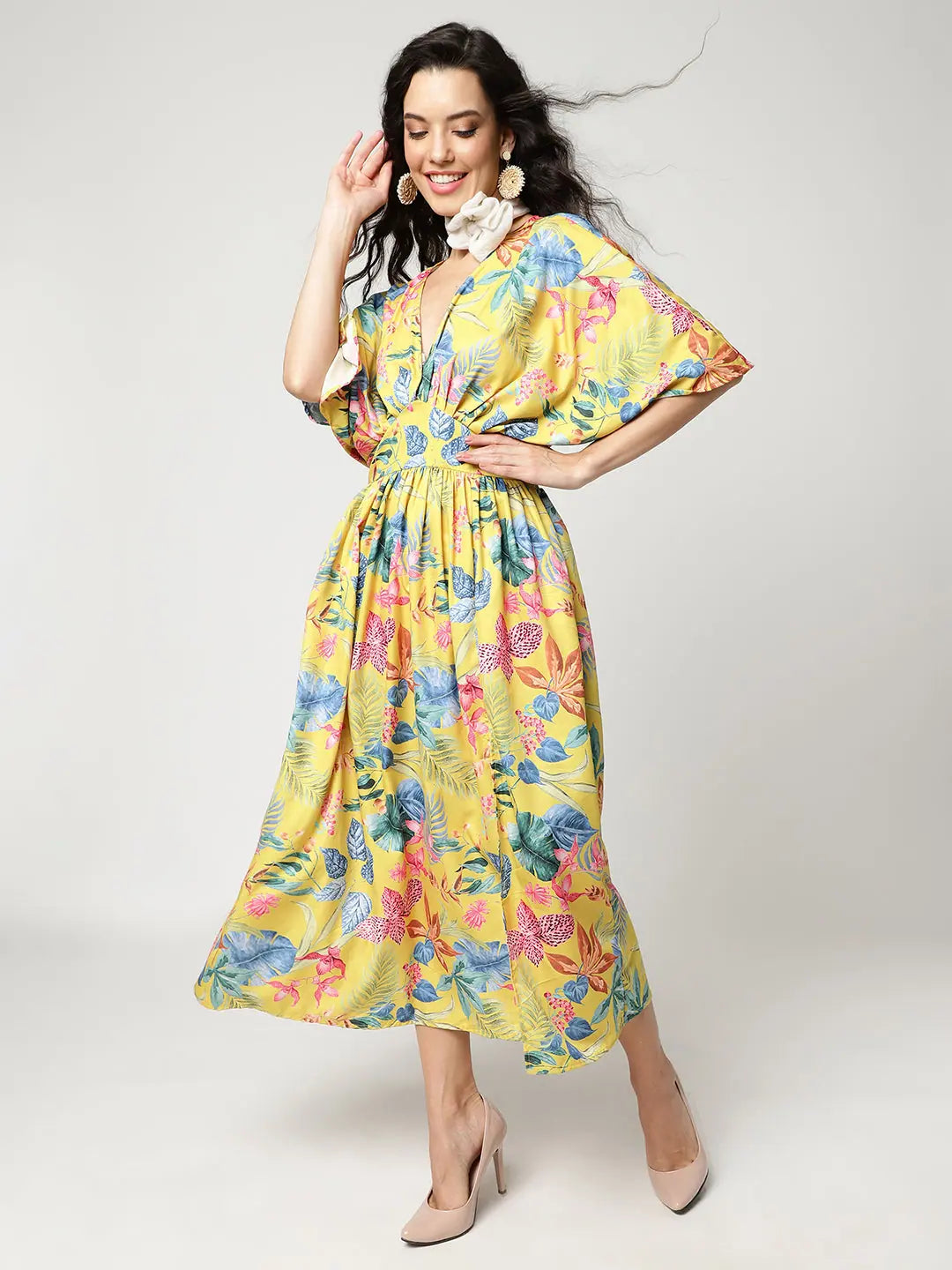 Women's Clothing For Casual Outings Floral Digital Printed V-Neck Kimono Sleeve Style Dress