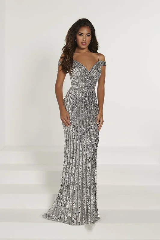 Comfortable Outfit For Women Tiffany Designs - Bead Embellished Plunging Off-Shoulder Evening Gown 46179 - 1 pc Silver In Size 8 Available