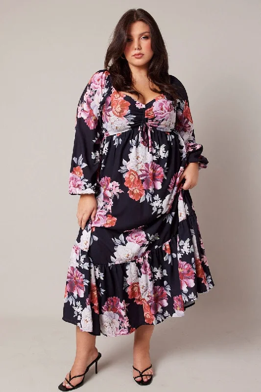 Women's Transitional Apparel Black Floral Midi Dress Long Sleeve Ruched Bust