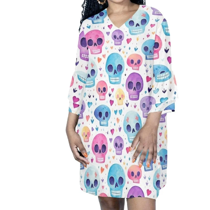 Women's Transitional Attire Women's Colorful Skulls Half Sleeves V-Neck Mini Dress