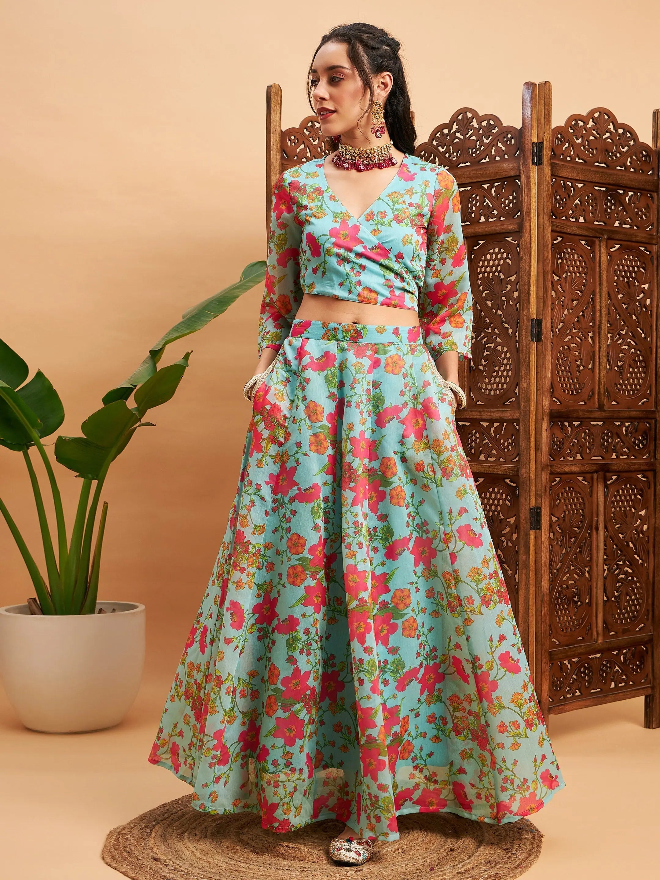 Women's Casual Wear Outfit Women Blue Floral Anarkali Skirt With Wrap Crop Top