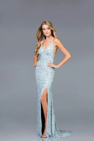 Women's Seasonal Attire SCALA - Allover Sequin Backless Sheath Evening Gown with Slit 48938 - 1 pc New Rose in Size 4 Available