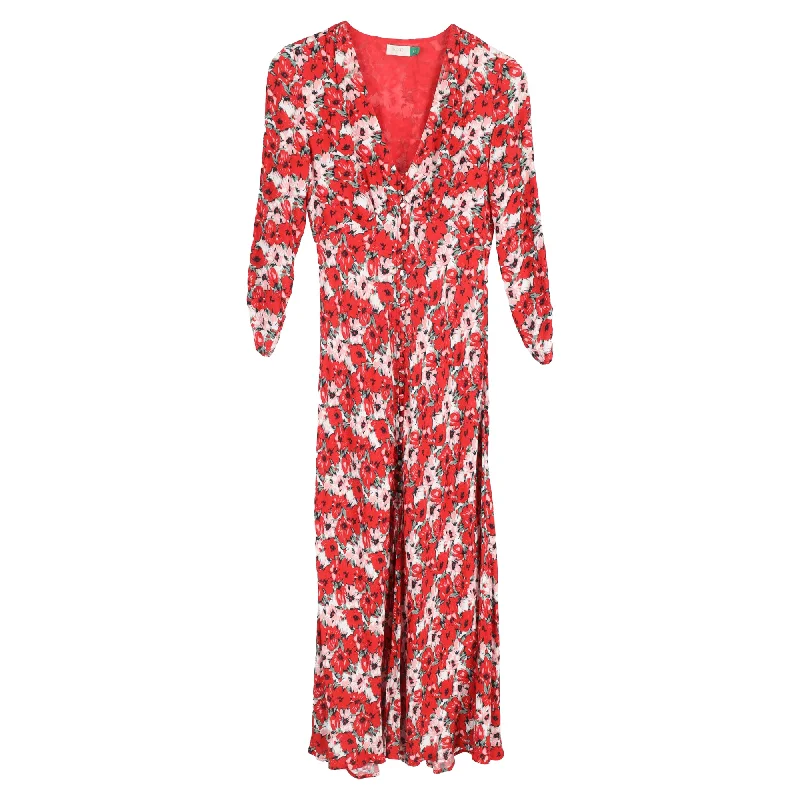 Casual Clothes For Women Rixo Katie Floral Printed V-Neck Midi Dress in Red Viscose