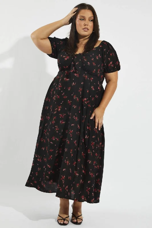 Vintage Clothing For Women Black Floral Puff Sleeve Midi Dress Tie Front