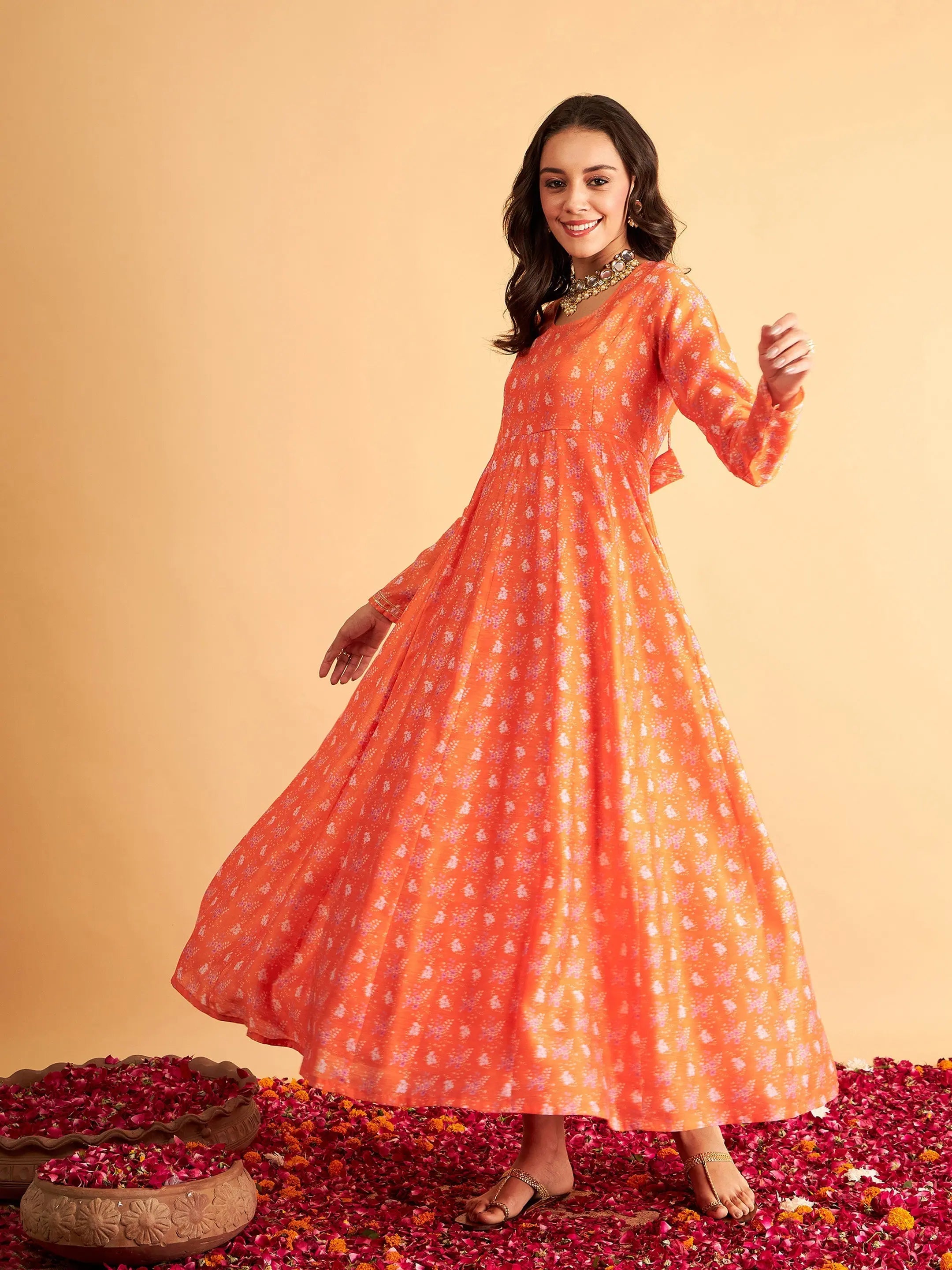 Women's Holiday Clothing Women Orange Floral Round Neck Anarkali Maxi Dress