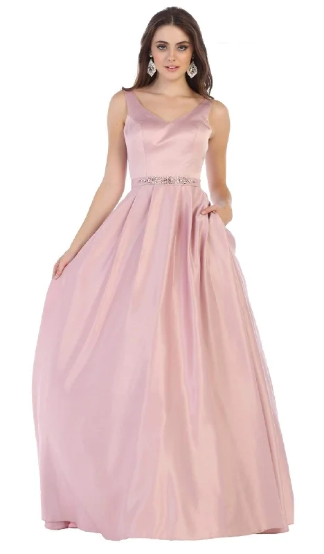 Affordable Fashion Clothing For Women May Queen - V-Neck Ornate Waist A-Line Gown MQ1595